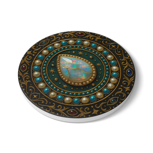 Round ceramic coaster with a central opal teardrop design surrounded by baroque-style celestial elements including pearls, stars, and ornate gold detailing. Deep green and jewel-toned accents frame the mystical illustration. The coaster includes a non-slip cork backing and measures about 4 inches in diameter. Ideal for both hot and cold drinks, it fits whimsigoth, celestial, and antique-inspired home decor themes.